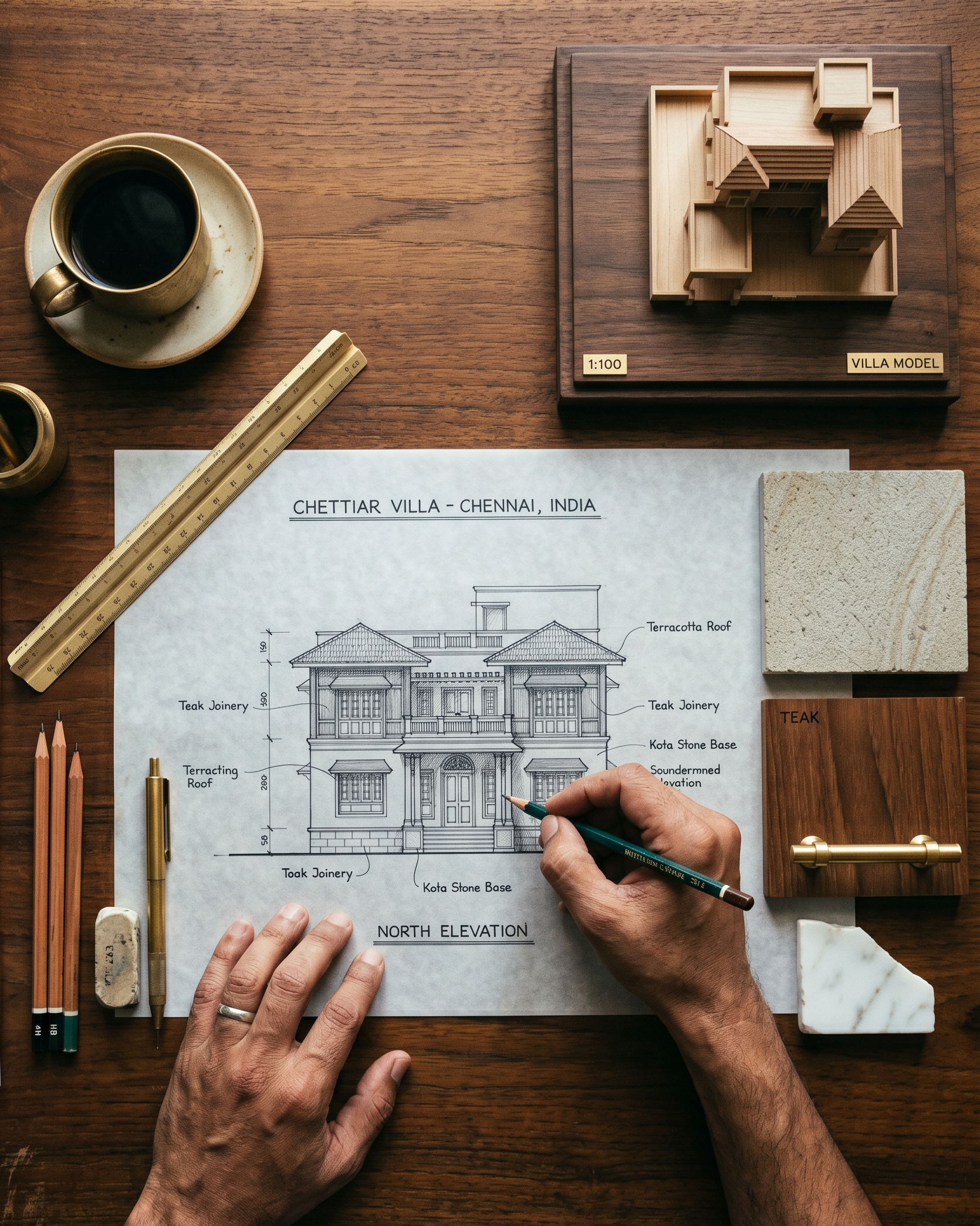 Architect's hands sketching the elevation of a Chennai villa, surrounded by Kota stone, teak and marble samples and a scale model