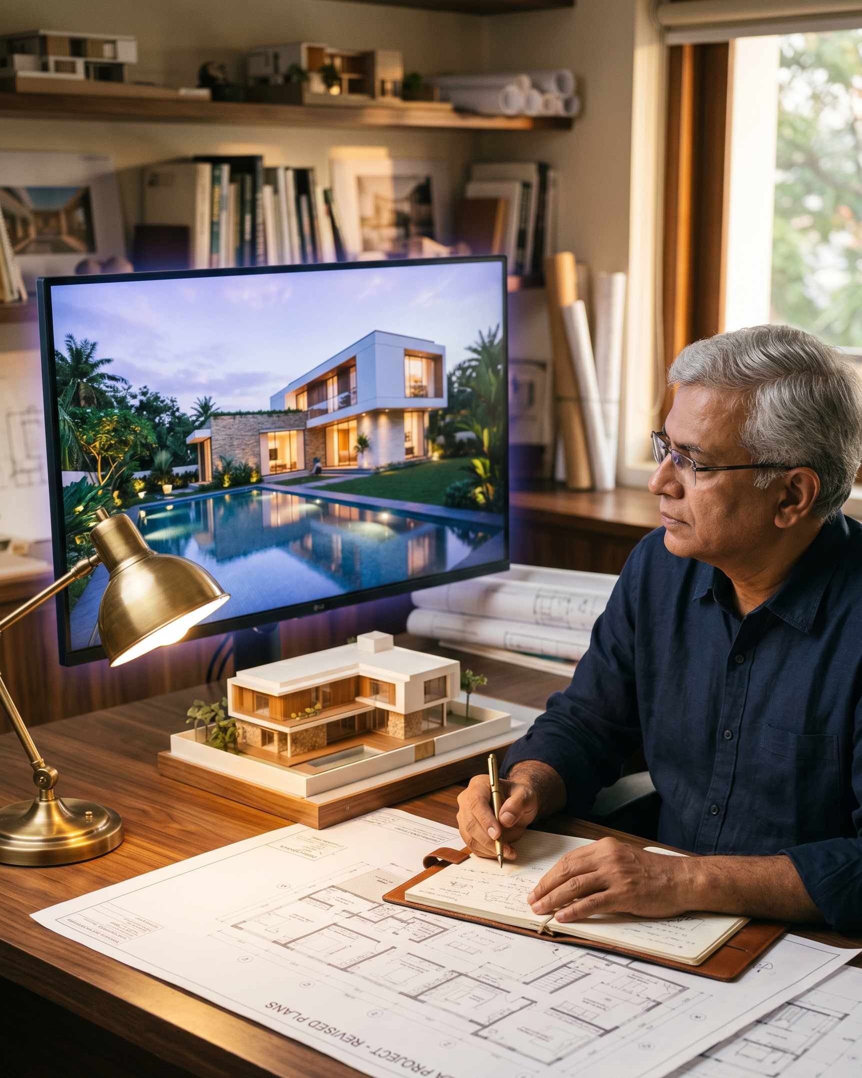 Senior architect at his desk reviewing floor plans alongside a 3D rendering of a luxury villa on the monitor