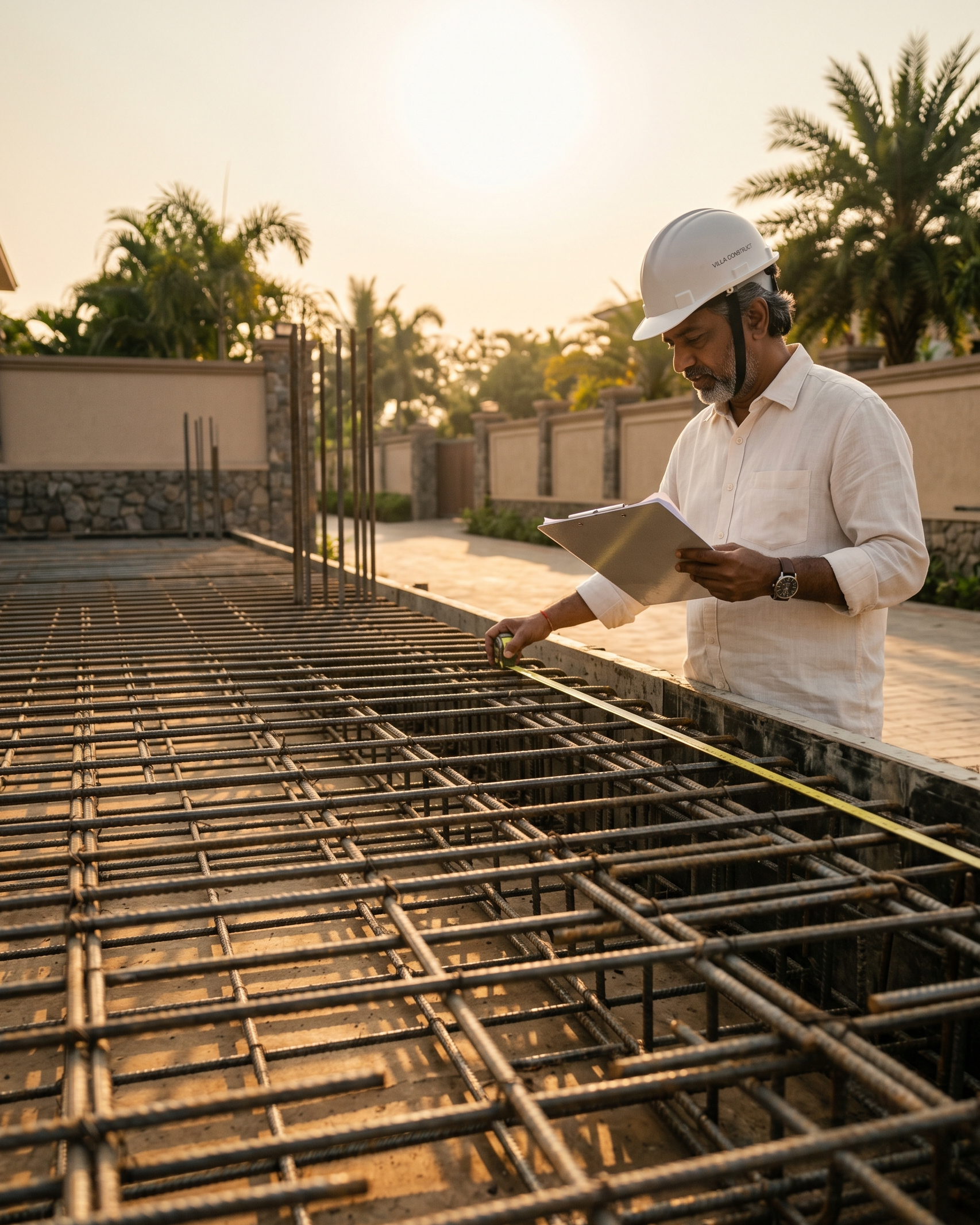 Site engineer measuring a meticulous steel reinforcement grid for a villa foundation at golden hour