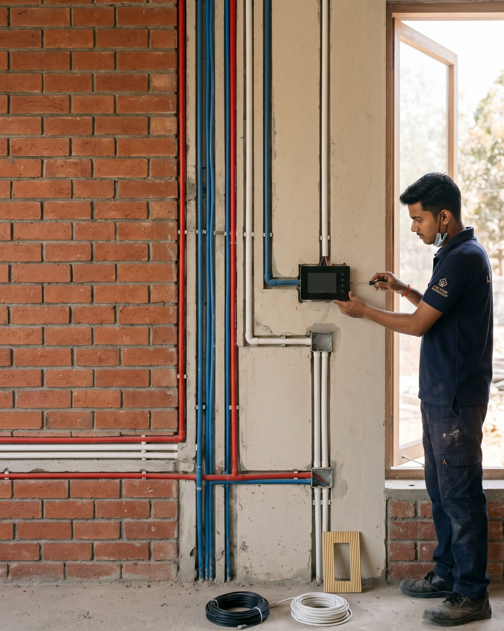 Brickwork wall with neatly organised colour-coded electrical, network and plumbing conduits being installed alongside a smart panel