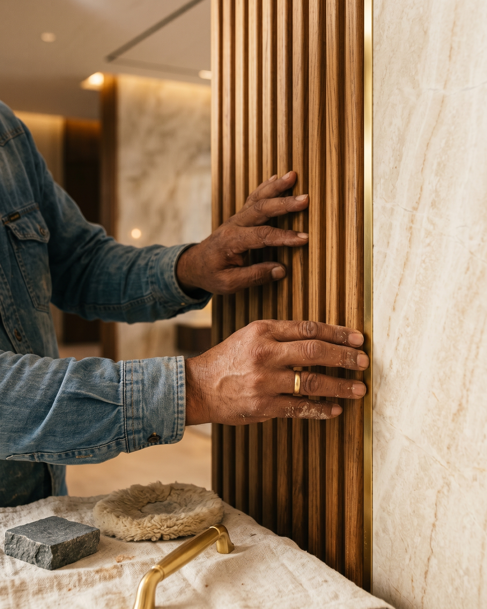 Craftsman installing fluted teak panelling against a creamy marble wall with a brass hardware piece in the foreground