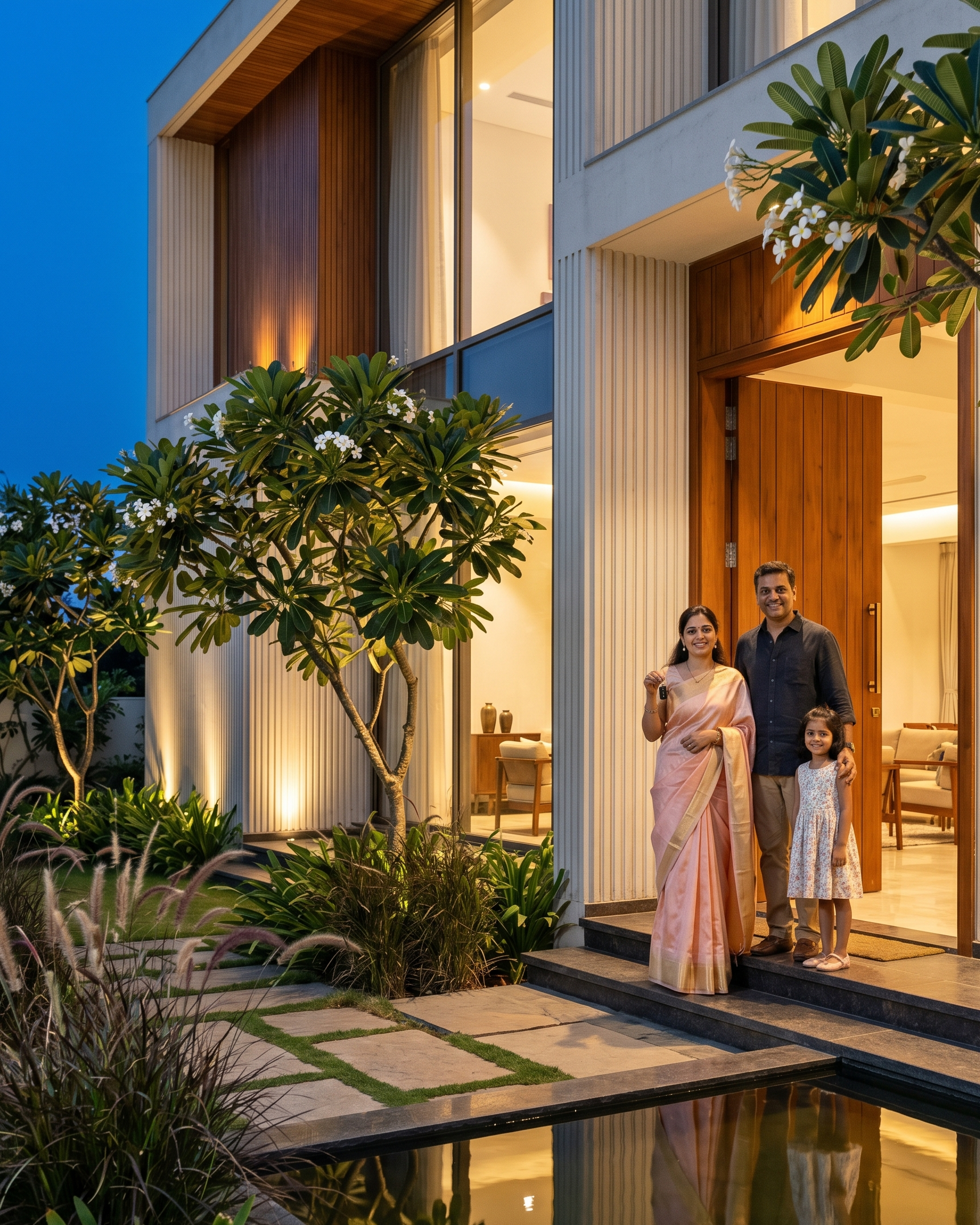 Indian family at the twilight entrance of their newly handed-over villa, mother holding the keys with frangipani and a reflection pool in the foreground